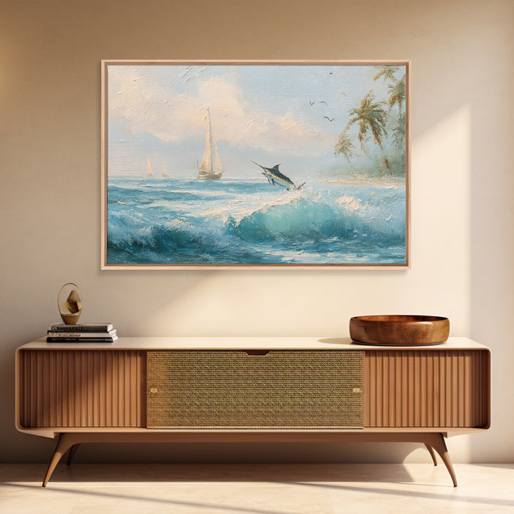 Sailfish Leaping in Dramatic Motion Framed Canvas Print, Marine Life Art, Nautical Wall Decor, Living Room Decor, MLA-3x2-97