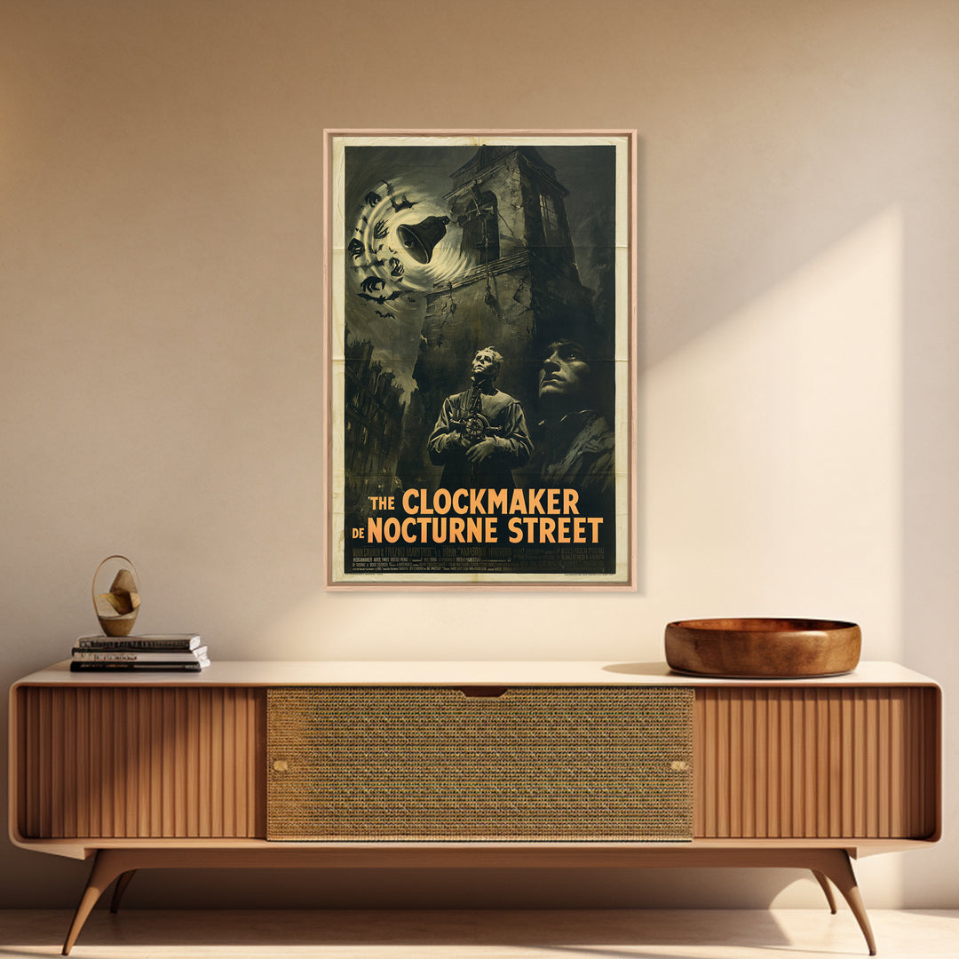 The Clockmaker Of Nocturne Street, French Horror Film Poster, Retro Gothic Cinema Art, Vintage Halloween Wall Art, Framed Canvas Print