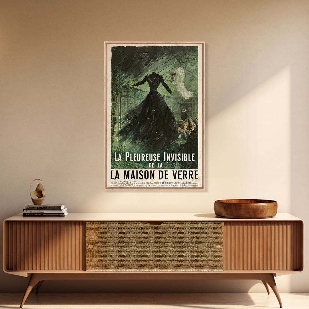 The Invisible Mourner Of Glass House, French Horror Film Poster, Retro Gothic Cinema Art, Vintage Halloween Wall Art, Framed Canvas Print