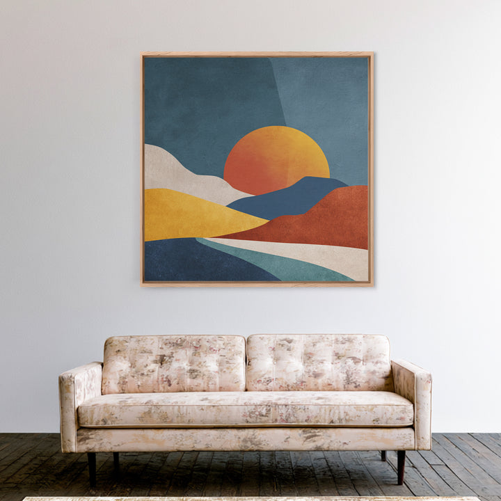 Large Sun and Hill Shapes Framed Canvas Print, Midcentury Modern Art, Textured Painting, Living Room Decor, Abstract Art, Retro, MMA-1x1-29