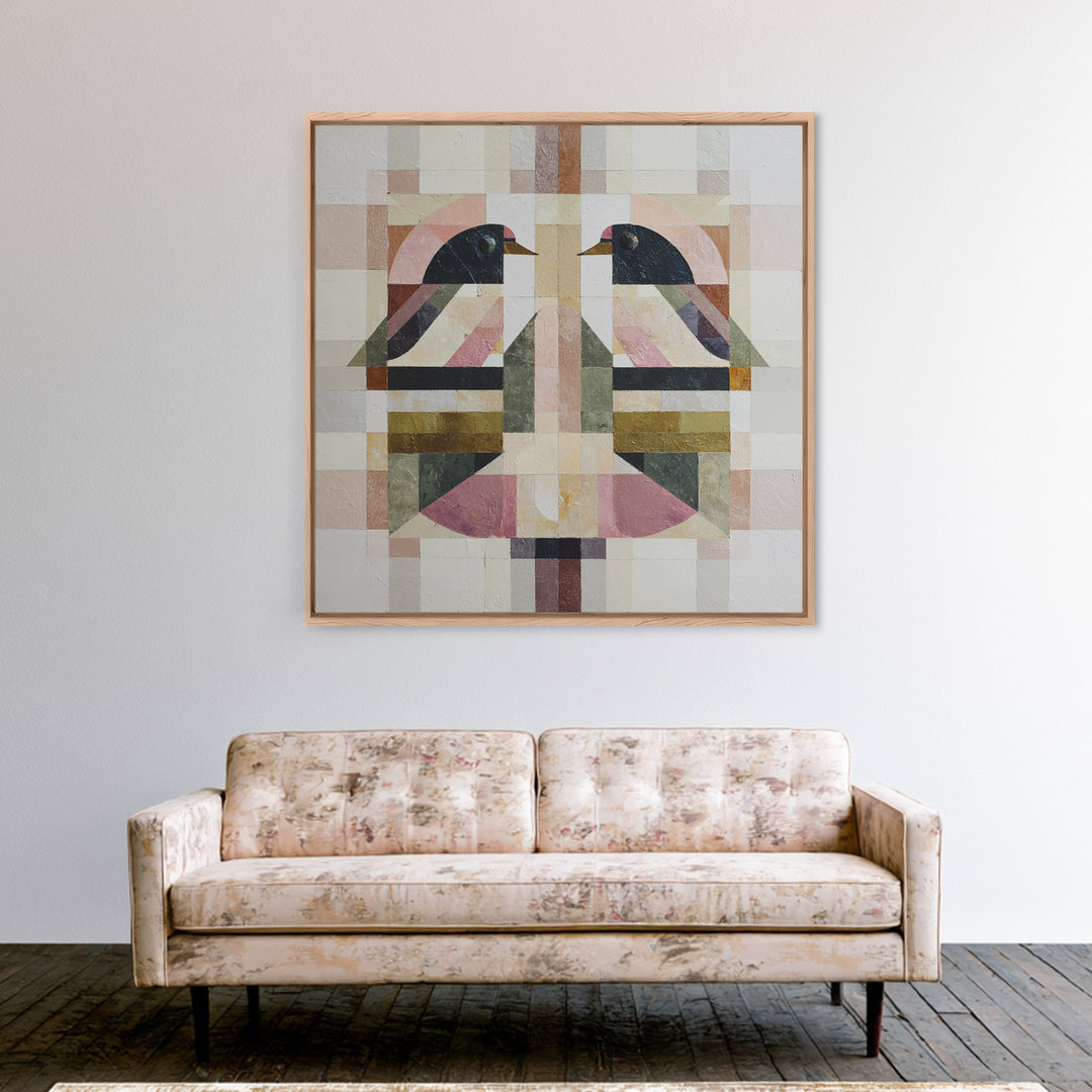 Bird Motif with Playful Geometric Feathers Canvas Print, Midcentury Modern Art, Digital Art, Living Room Decor, Abstract Art, MMA-1x1-36