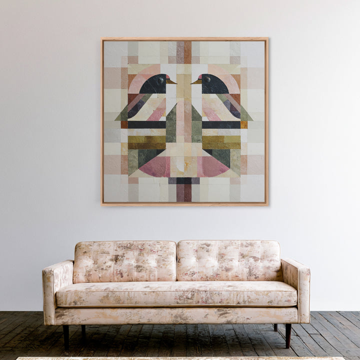 Bird Motif with Playful Geometric Feathers Canvas Print, Midcentury Modern Art, Digital Art, Living Room Decor, Abstract Art, MMA-1x1-36