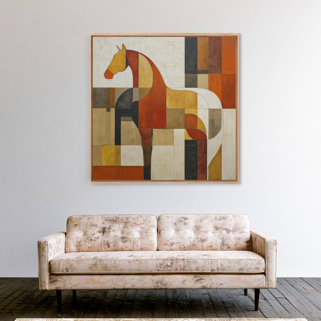 Mid Century Horse Framed Canvas Print, Midcentury Modern Art, Oversized Wall Art, Living Room Decor, Oil Painting, Retro, MMA-1x1-43