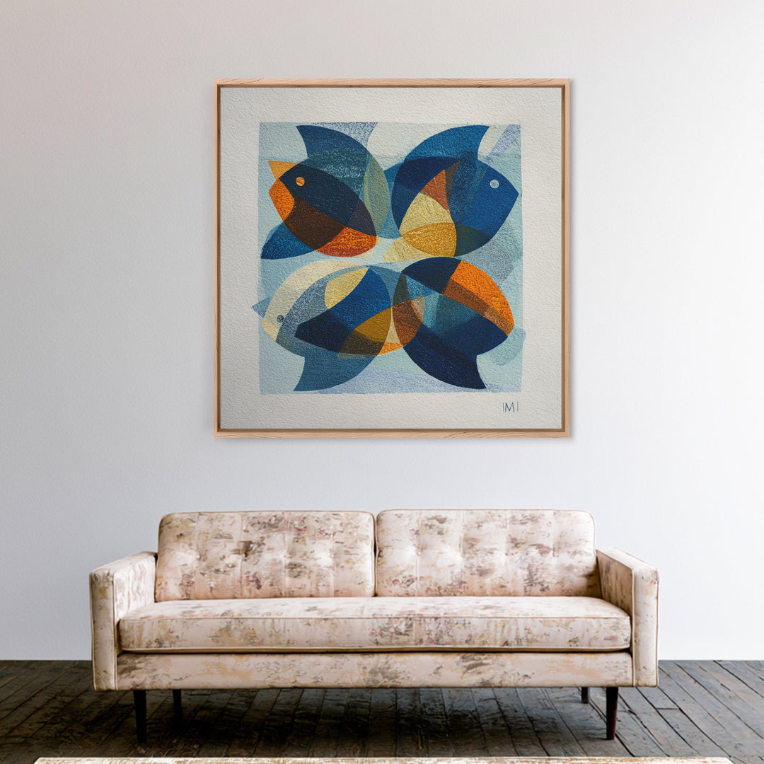 Abstract Fish Shapes Framed Canvas Print, Midcentury Modern Art, Retro Wall Art, Living Room Decor, Fine Art, Retro, MMA-1x1-66