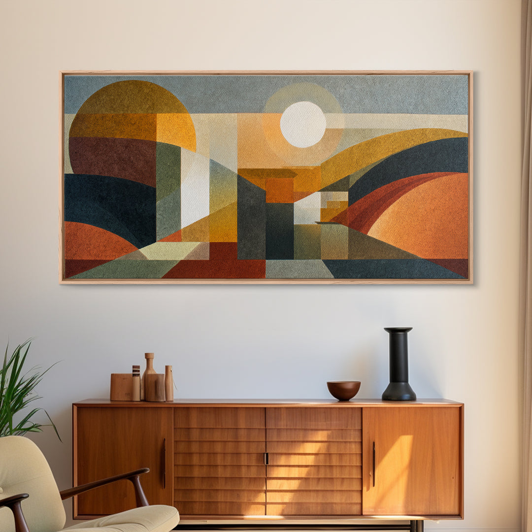 Large Sun and Hill Shapes Framed Canvas Print, Midcentury Modern Art, Art Print, Living Room Decor, Retro, Abstract Wall Art, MMA-2x1-1