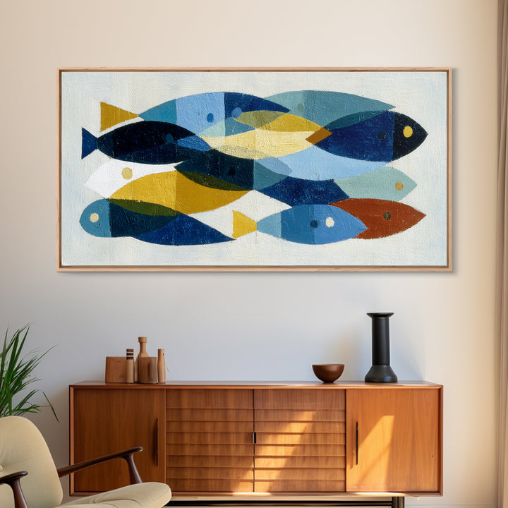 Abstract Fish Shapes Framed Canvas Print, Midcentury Modern Art, Luxury Decor, Living Room Decor, Abstract Art, Retro, MMA-2x1-38