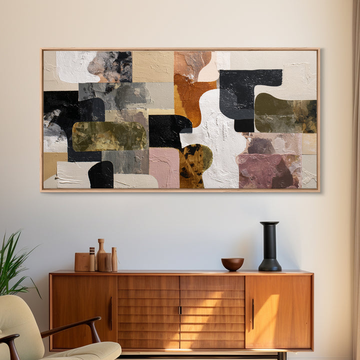 Checkerboard and Organic Blob Balance Framed Canvas Print, Midcentury Modern Art, Room Decor, Living Room Decor, Retro, MMA-2x1-42