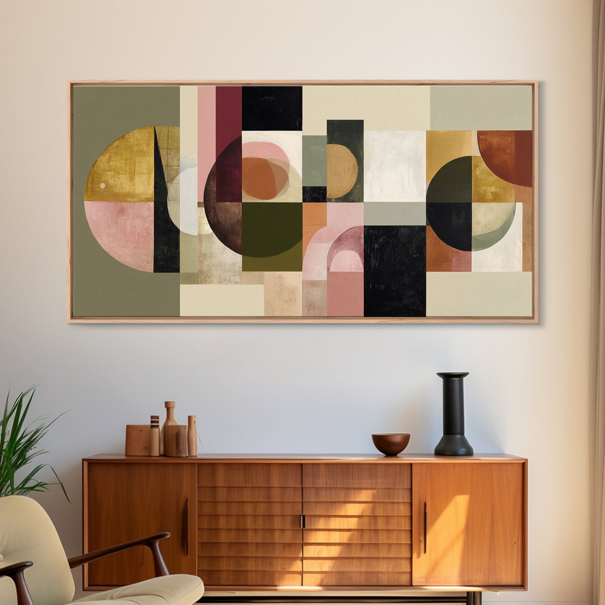 Large Sun and Hill Shapes Canvas Print, Midcentury Modern Art, Boho, Living Room Decor, Abstract Art, Retro, Retro Wall Art, MMA-2x1-49