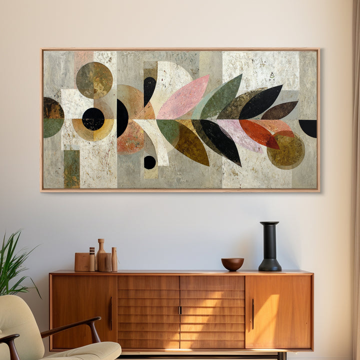 Bird Motif with Playful Geometric Feathers Framed Canvas Print, Midcentury Modern Art, Digital Print, Living Room Decor, Retro, MMA-2x1-80