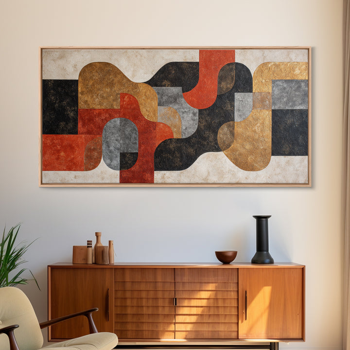 Checkerboard and Organic Blob Balance Framed Canvas Print, Midcentury Modern Art, Prints, Living Room Decor, Oil Painting, MMA-2x1-90