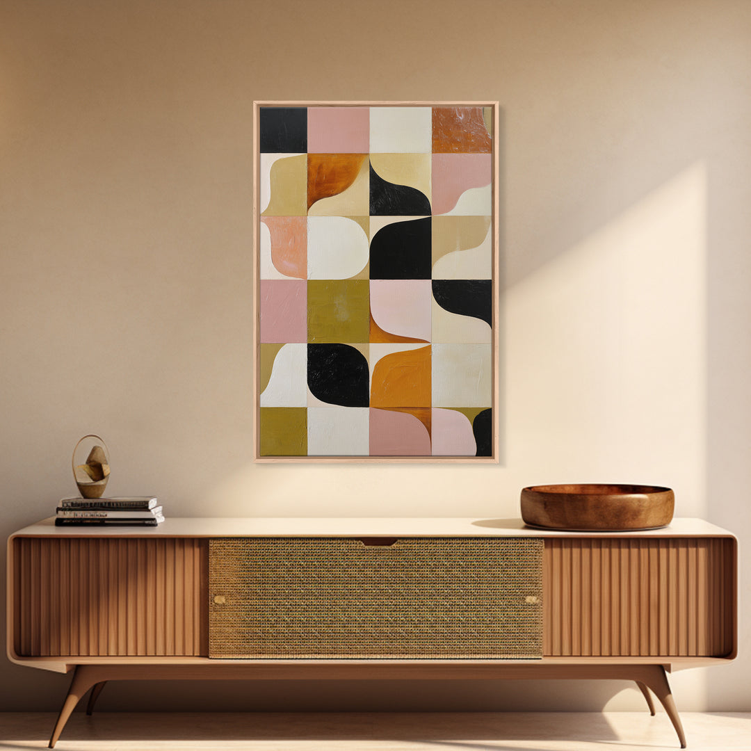 Checkerboard and Organic Blob Balance Framed Canvas Print, Midcentury Modern Art, Minimalist Decor, Living Room Decor, Retro, MMA-2x3-30