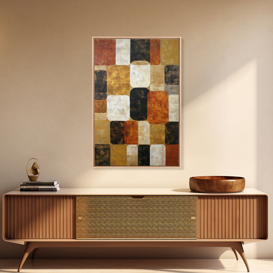 Checkerboard and Organic Blob Balance Framed Canvas Print, Midcentury Modern Art, Printable, Living Room Decor, Fine Art, Retro, MMA-2x3-78