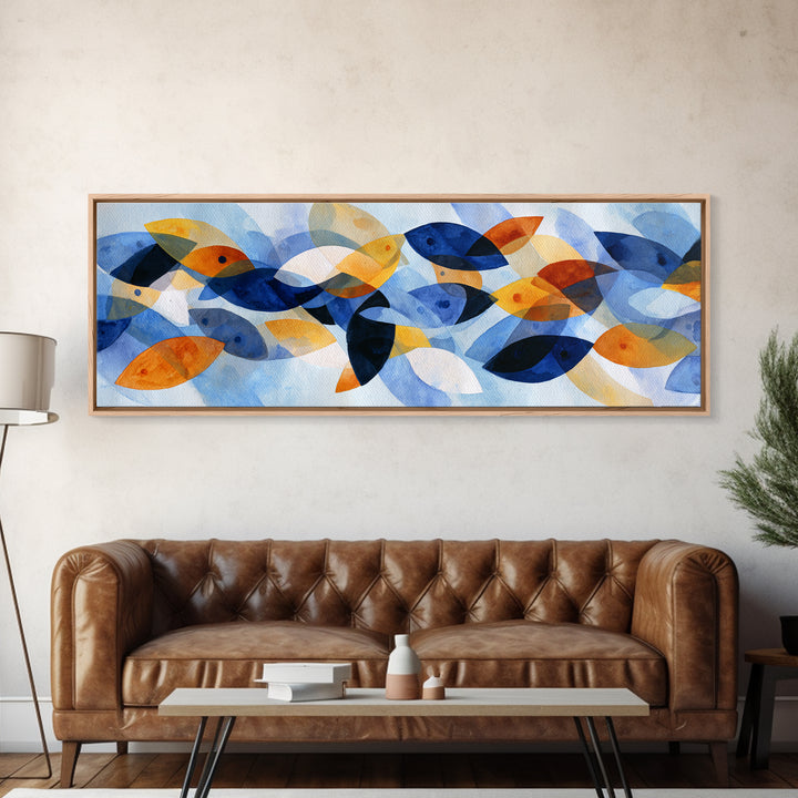 Abstract Fish Shapes Framed Canvas Print, Midcentury Modern Art, Digital Prints, Living Room Decor, Abstract Art, Retro, MMA-3x1-10