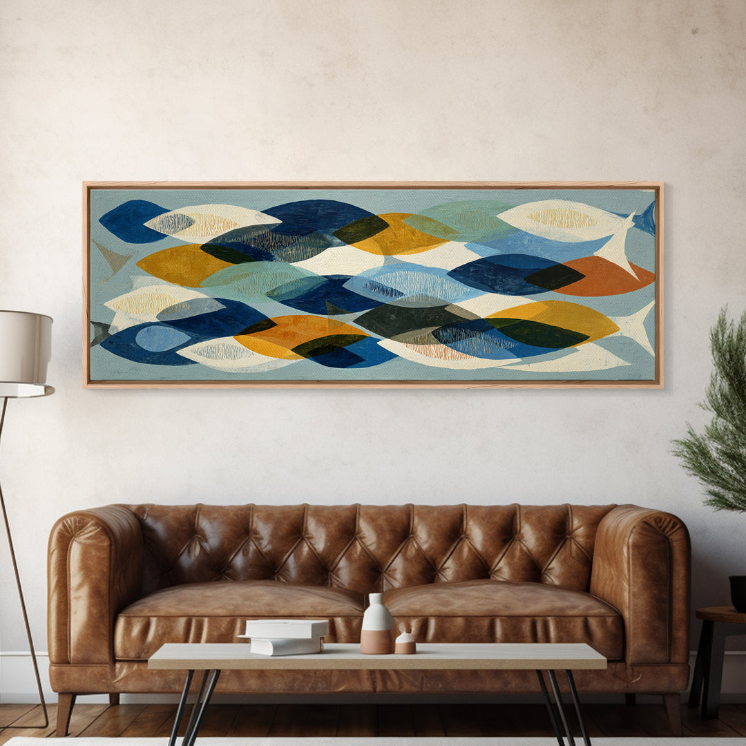 Abstract Fish Shapes Framed Canvas Print, Midcentury Modern Art, Digital Print, Living Room Decor, Retro, Minimalist Wall Art, MMA-3x1-82