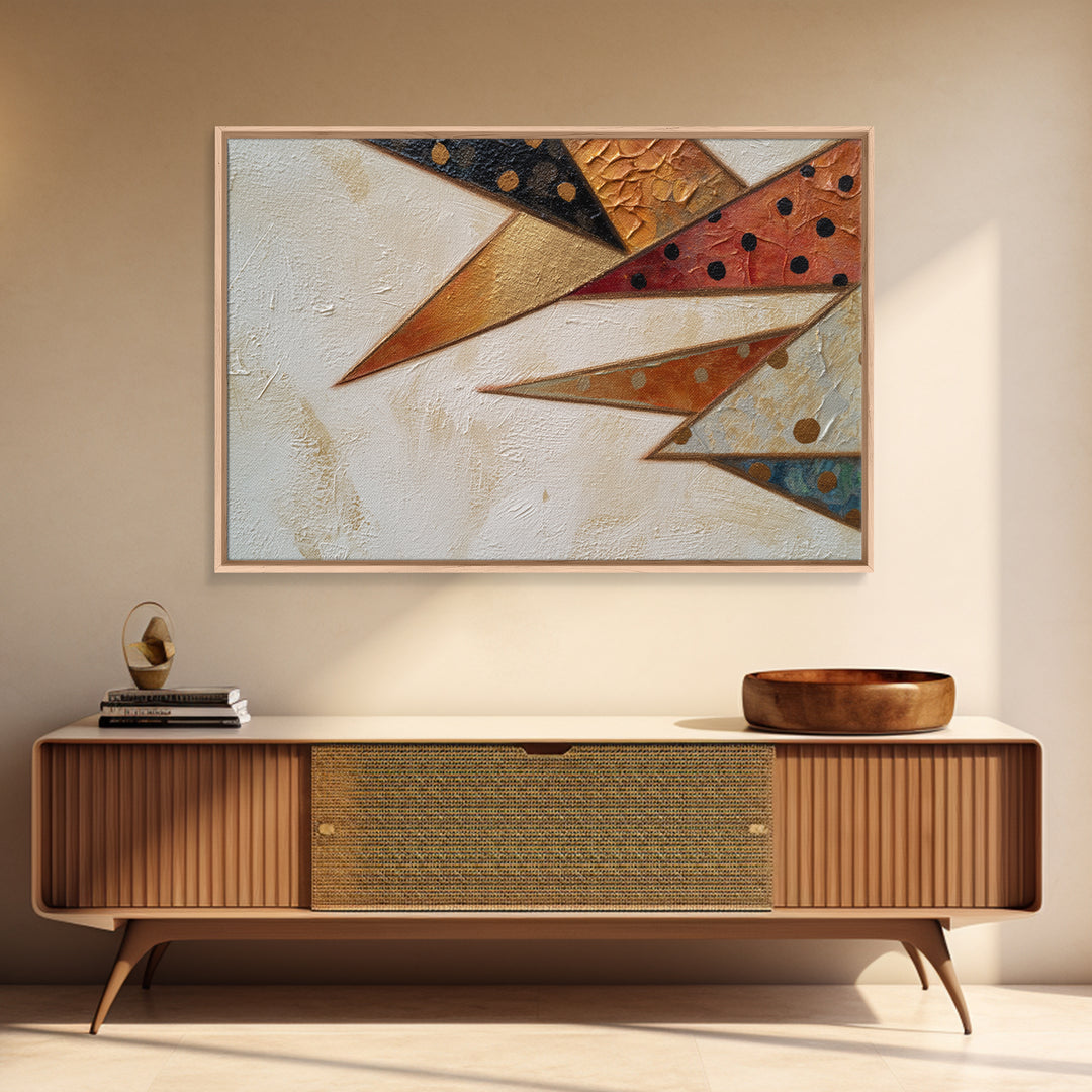 Bird Motif with Playful Geometric Feathers Canvas Print, Midcentury Modern Art, Modern Wall Art, Living Room Decor, MMA-3x2-16