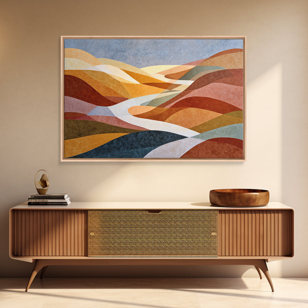 Large Sun and Hill Shapes Canvas Print, Midcentury Modern Art, Abstract Painting, Living Room Decor, Abstract Art, Retro, MMA-3x2-33