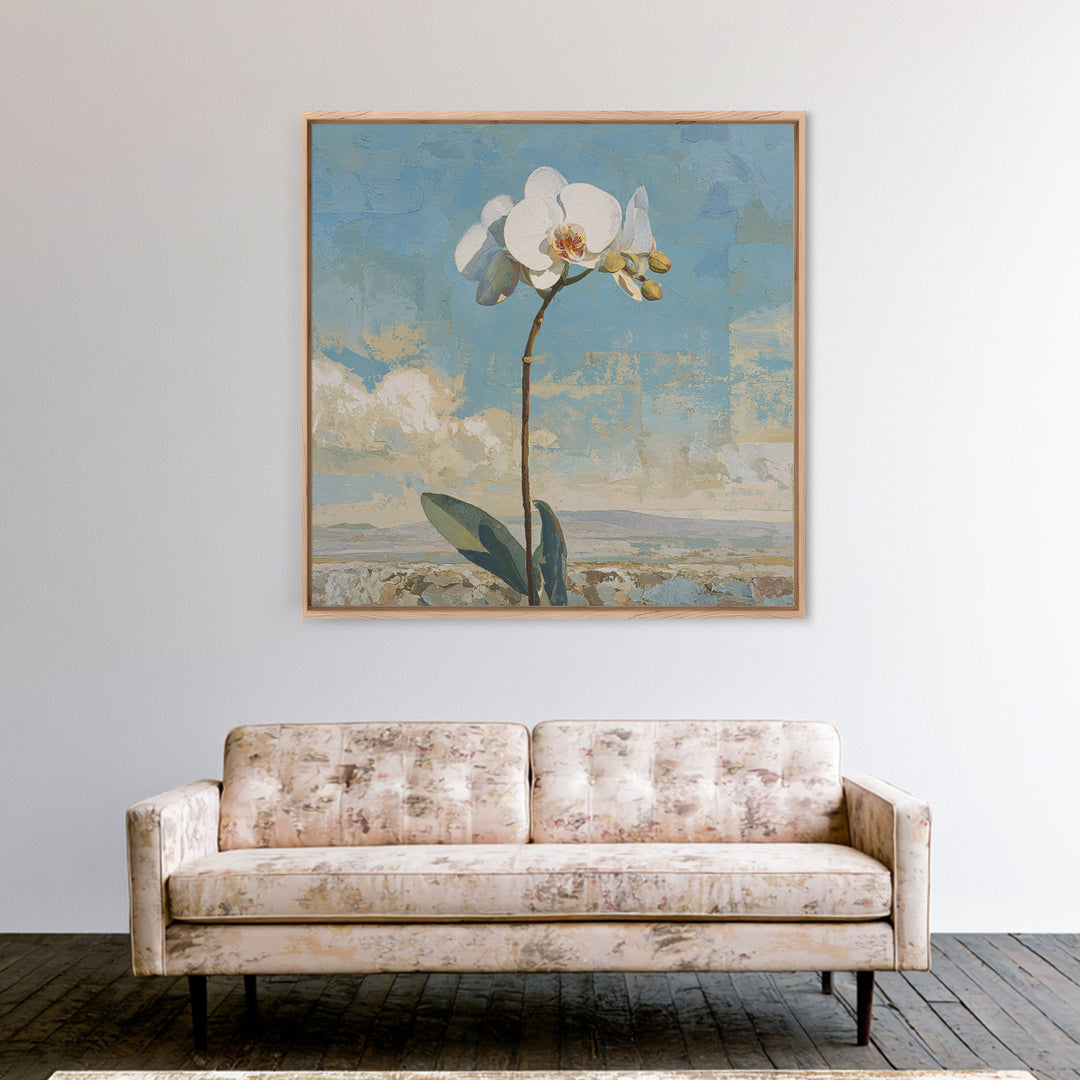White Orchid on Gray Stone Surface Framed Canvas Print, Medical Office Art, Gallery Decor, Office Decor, Fine Art, Calm, MOA-1x1-78