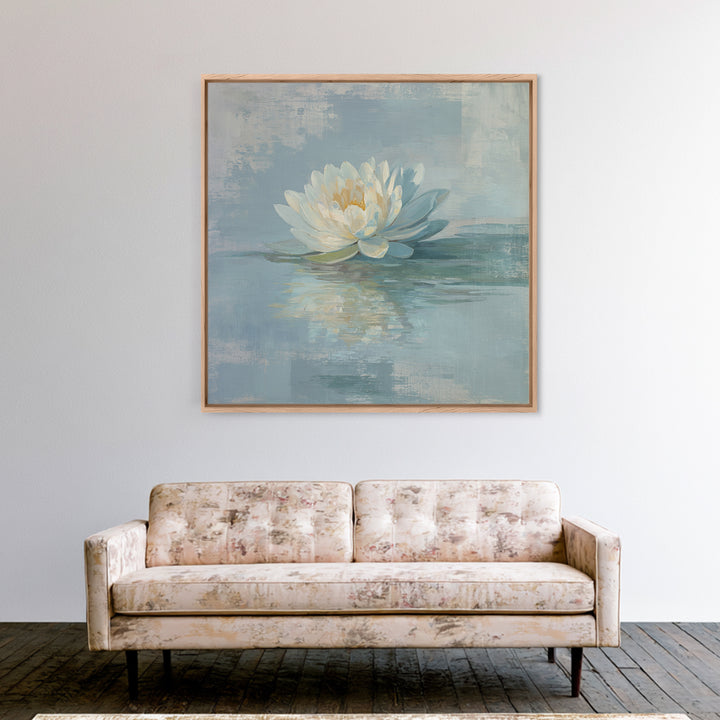Lotus Flower Floating on Still Water Framed Canvas Print, Medical Office Art, Statement Artwork, Office Decor, Oil Painting, MOA-1x1-83