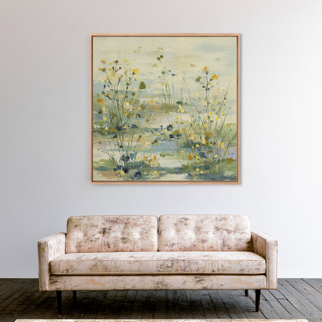 Sunlit Meadow with Wildflowers and Calm Mood Framed Canvas Print, Medical Office Art, Biology Art, Office Decor, Fine Art, Calm, MOA-1x1-84