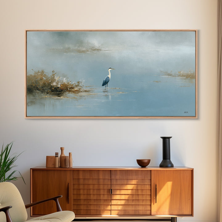 Blue Heron Standing Framed Canvas Print, Medical Office Art, Art Print, Office Decor, Calm, Printable Art, Minimalist Art, MOA-2x1-10
