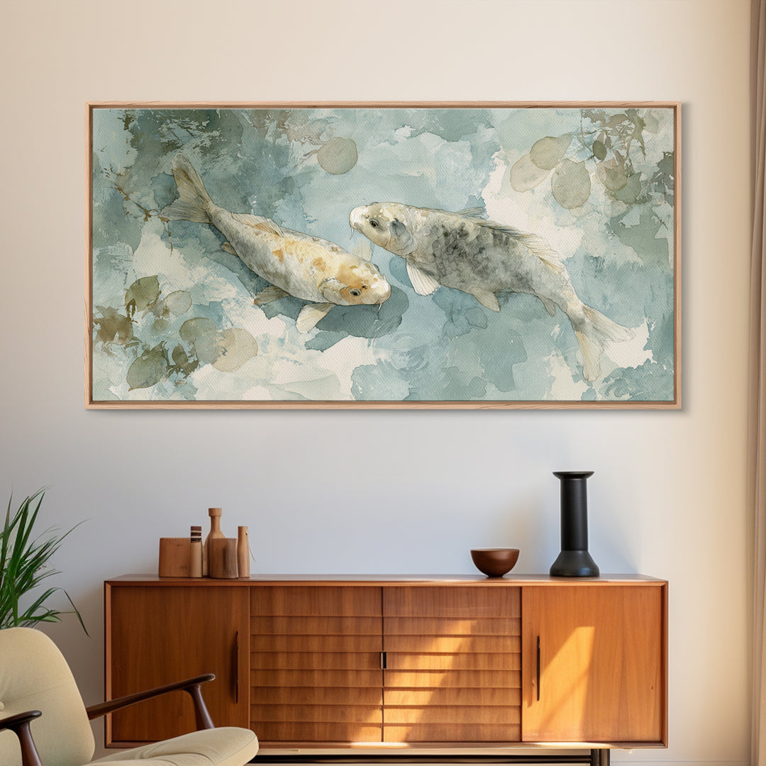 Calm Koi Fish Swimming Through Clear Water Framed Canvas Print, Medical Office Art, Statement Artwork, Office Decor, Calm, MOA-2x1-18