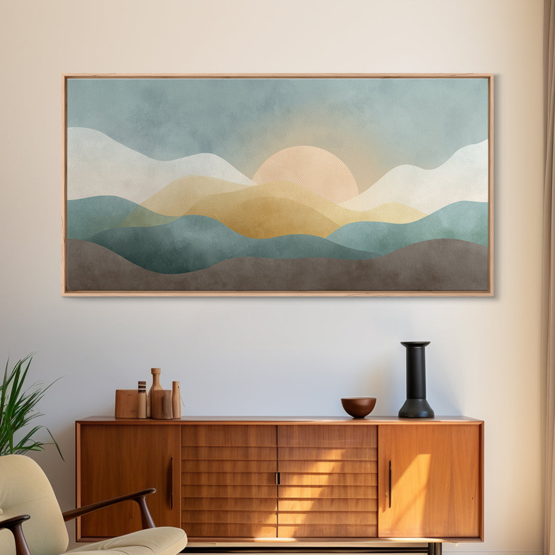 Minimal Sunrise over Rounded Hills Framed Canvas Print, Medical Office Art, Biology Art, Office Decor, Fine Art, Calm, MOA-2x1-19
