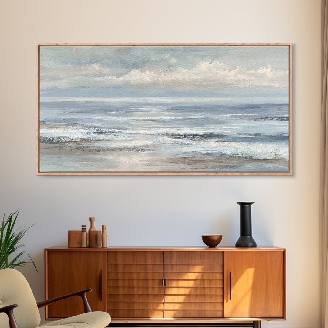 Peaceful Ocean Horizon Framed Canvas Print, Medical Office Art, Office Decor, Oil Painting, Calm, Teal Wall Art, MOA-2x1-24