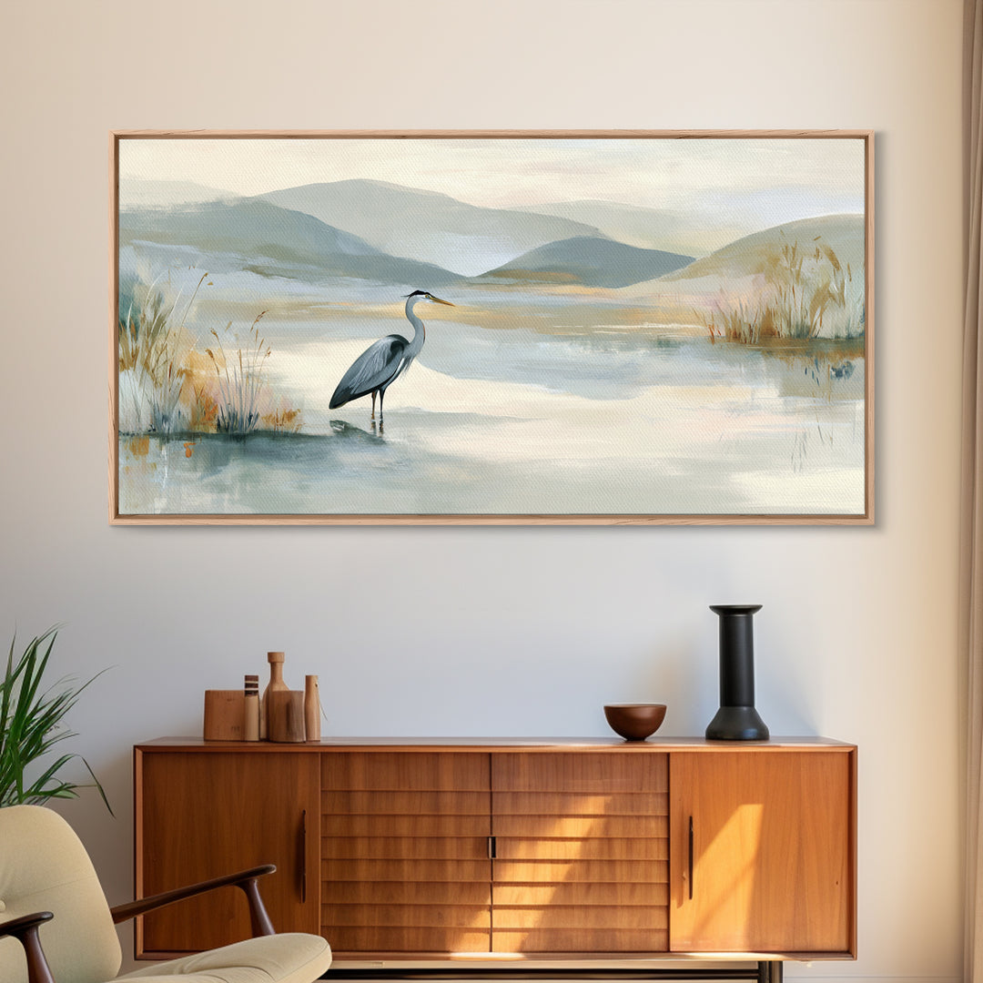 Blue Heron Standing Framed Canvas Print, Medical Office Art, Art Print, Office Decor, Calm, Printable Art, Minimalist Art, MOA-2x1-34