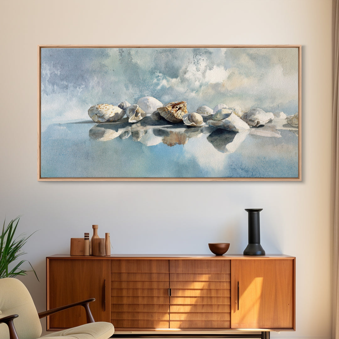 Coastal Shells and Water Study Framed Canvas Print, Medical Office Art, Home Decor, Office Decor, Fine Art, Calm, Medical Art, MOA-2x1-40
