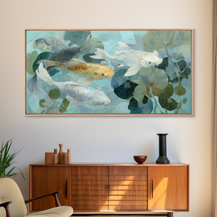 Calm Koi Fish Swimming Through Clear Water Framed Canvas Print, Medical Office Art, Statement Artwork, Office Decor, Calm, MOA-2x1-42