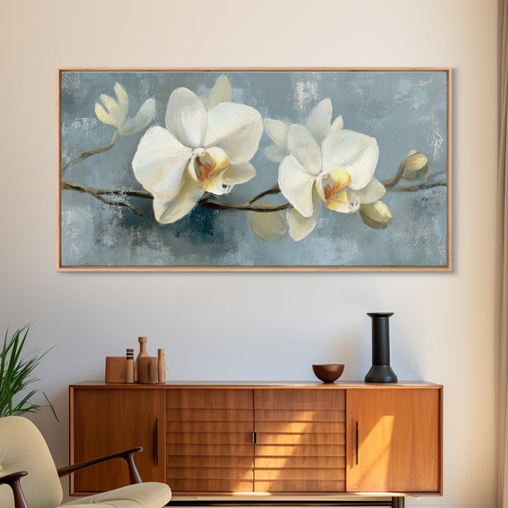White Orchid on Gray Stone Surface Framed Canvas Print, Medical Office Art, Minimalist Decor, Office Decor, Fine Art, Calm, MOA-2x1-50