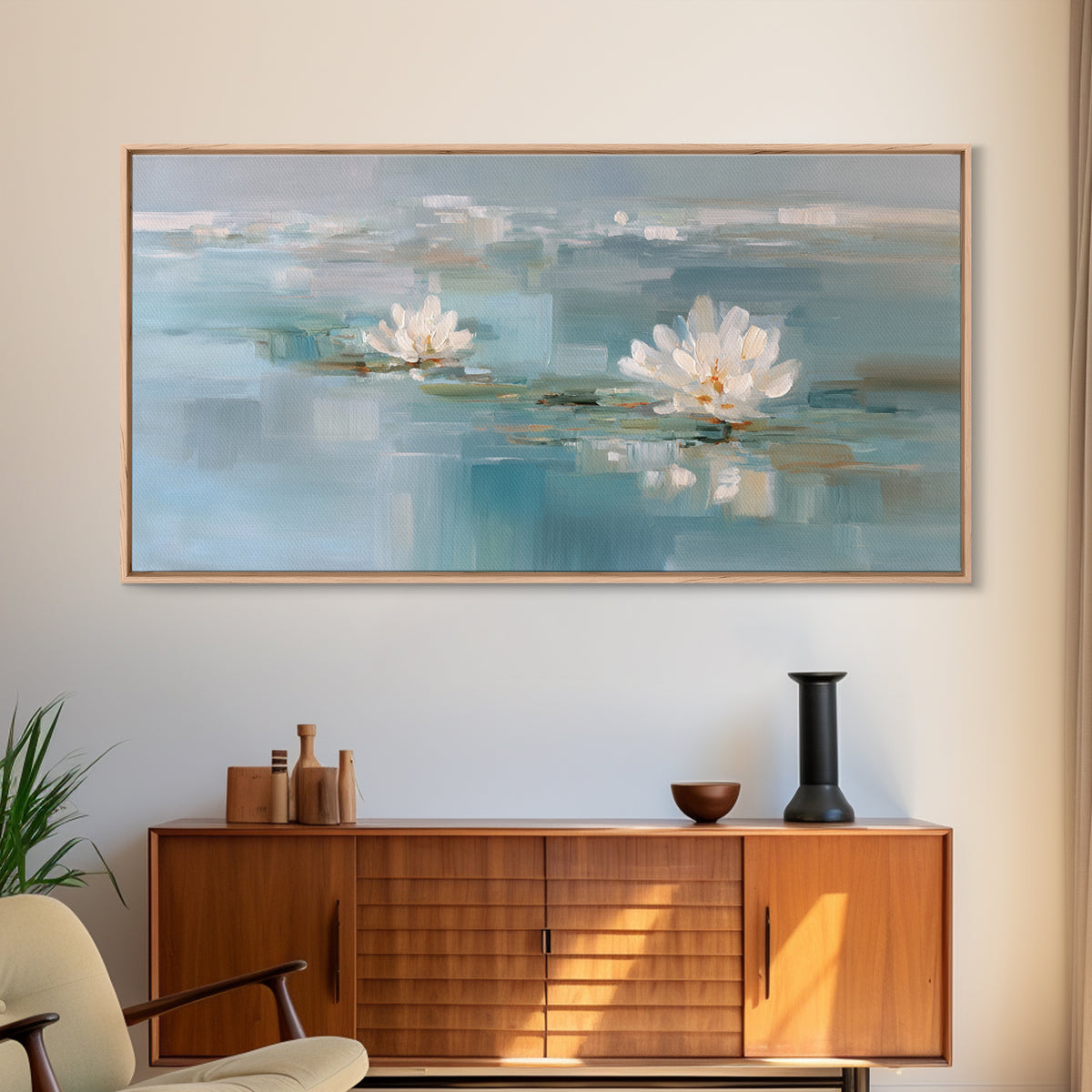 Lotus Flower Floating on Still Water Framed Canvas Print, Medical Office Art, Medical Art, Office Decor, Fine Art, Calm, MOA-2x1-55