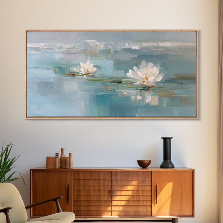 Lotus Flower Floating on Still Water Framed Canvas Print, Medical Office Art, Medical Art, Office Decor, Fine Art, Calm, MOA-2x1-55