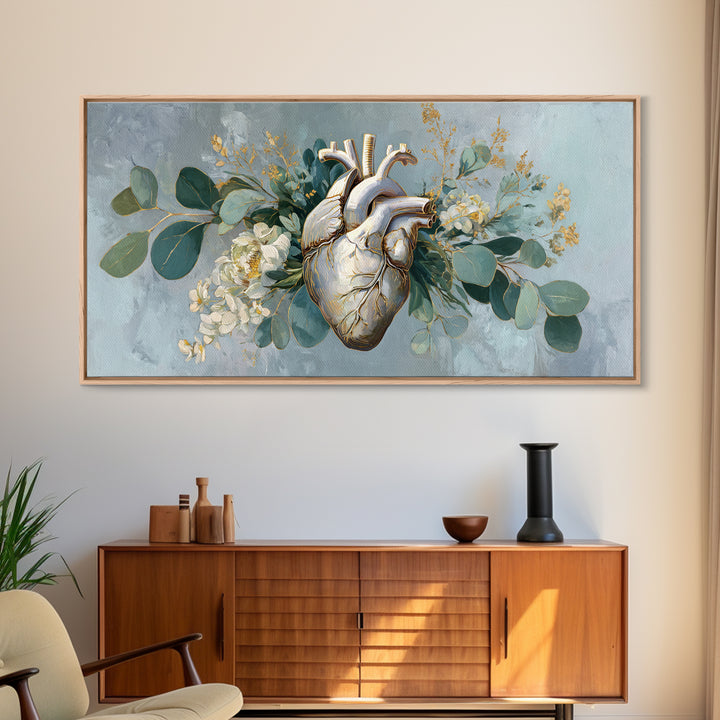 Anatomical Heart Rendered as Tasteful Botanical Art Canvas Print, Medical Office Art, Digital Art, Office Decor, Watercolor Art, MOA-2x1-57