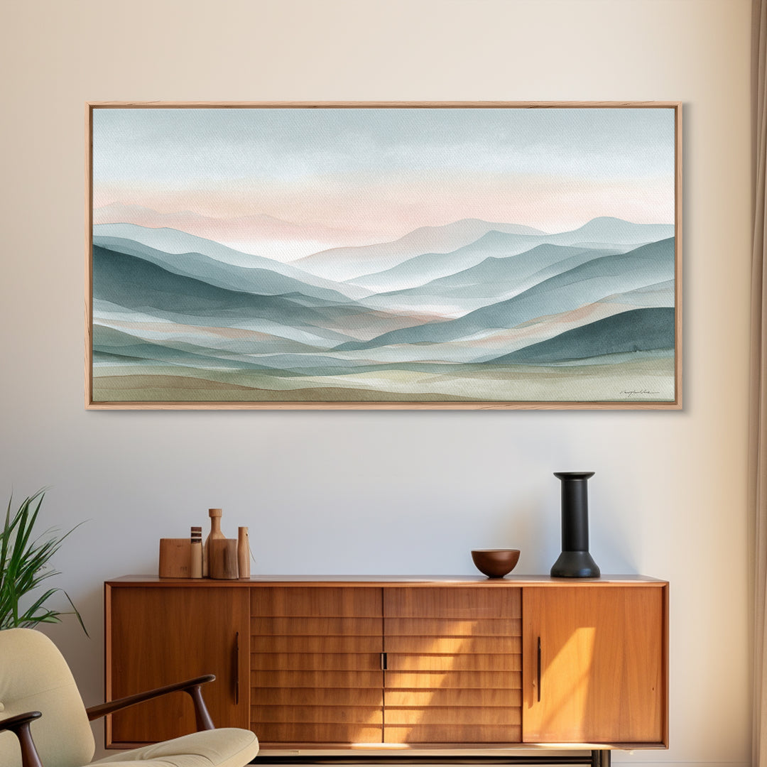 Minimal Sunrise over Rounded Hills Framed Canvas Print, Medical Office Art, Science Art, Office Decor, Fine Art, Calm, MOA-2x1-67