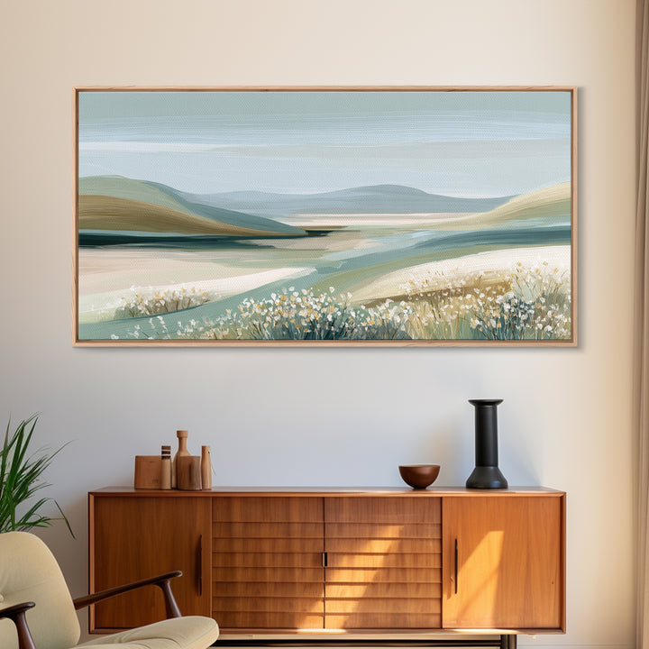 Sunlit Meadow with Wildflowers and Calm Mood Framed Canvas Print, Medical Office Art, Luxury Decor, Office Decor, MOA-2x1-8