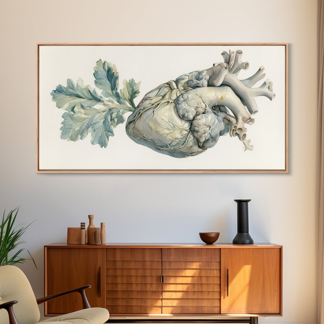 Anatomical Heart Rendered as Tasteful Botanical Art Canvas Print, Medical Office Art, Minimalist Art, Office Decor, Calm, MOA-2x1-81