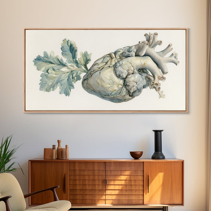 Anatomical Heart Rendered as Tasteful Botanical Art Canvas Print, Medical Office Art, Minimalist Art, Office Decor, Calm, MOA-2x1-81