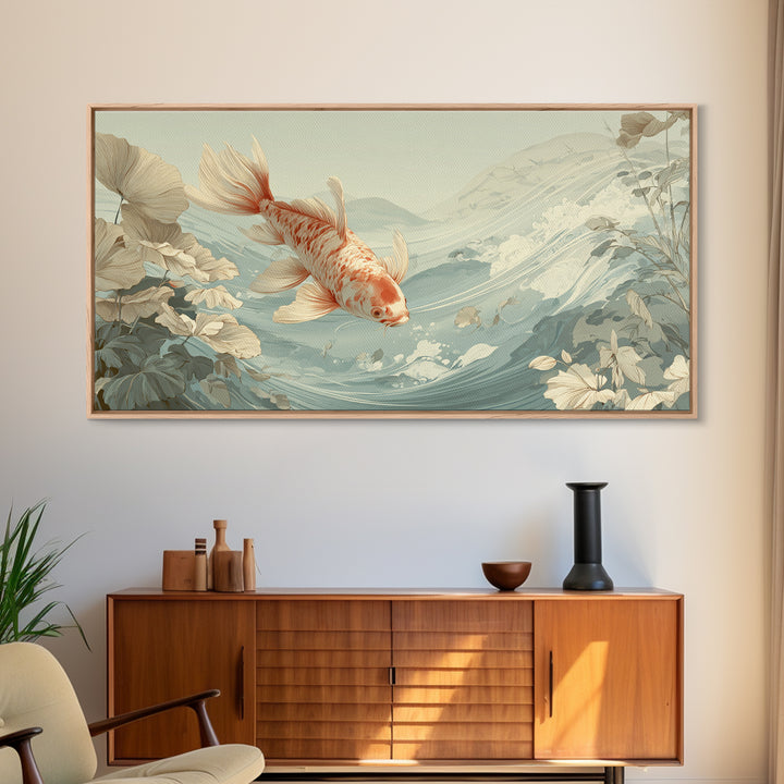 Calm Koi Fish Swimming Through Clear Water Framed Canvas Print, Medical Office Art, Office Decor, Oil Painting, Calm, MOA-2x1-90
