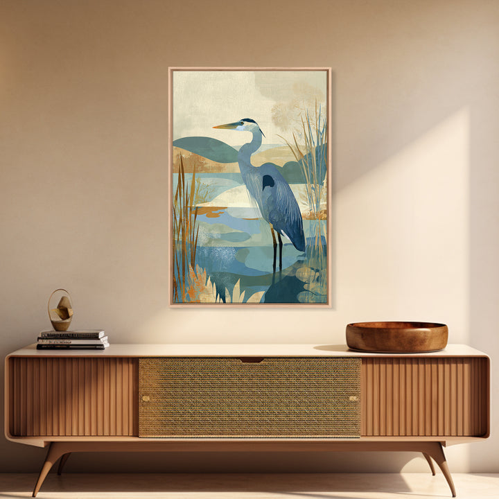 Blue Heron Standing Framed Canvas Print, Medical Office Art, Textured Painting, Office Decor, Fine Art, Calm, Minimalist Art, MOA-2x3-22