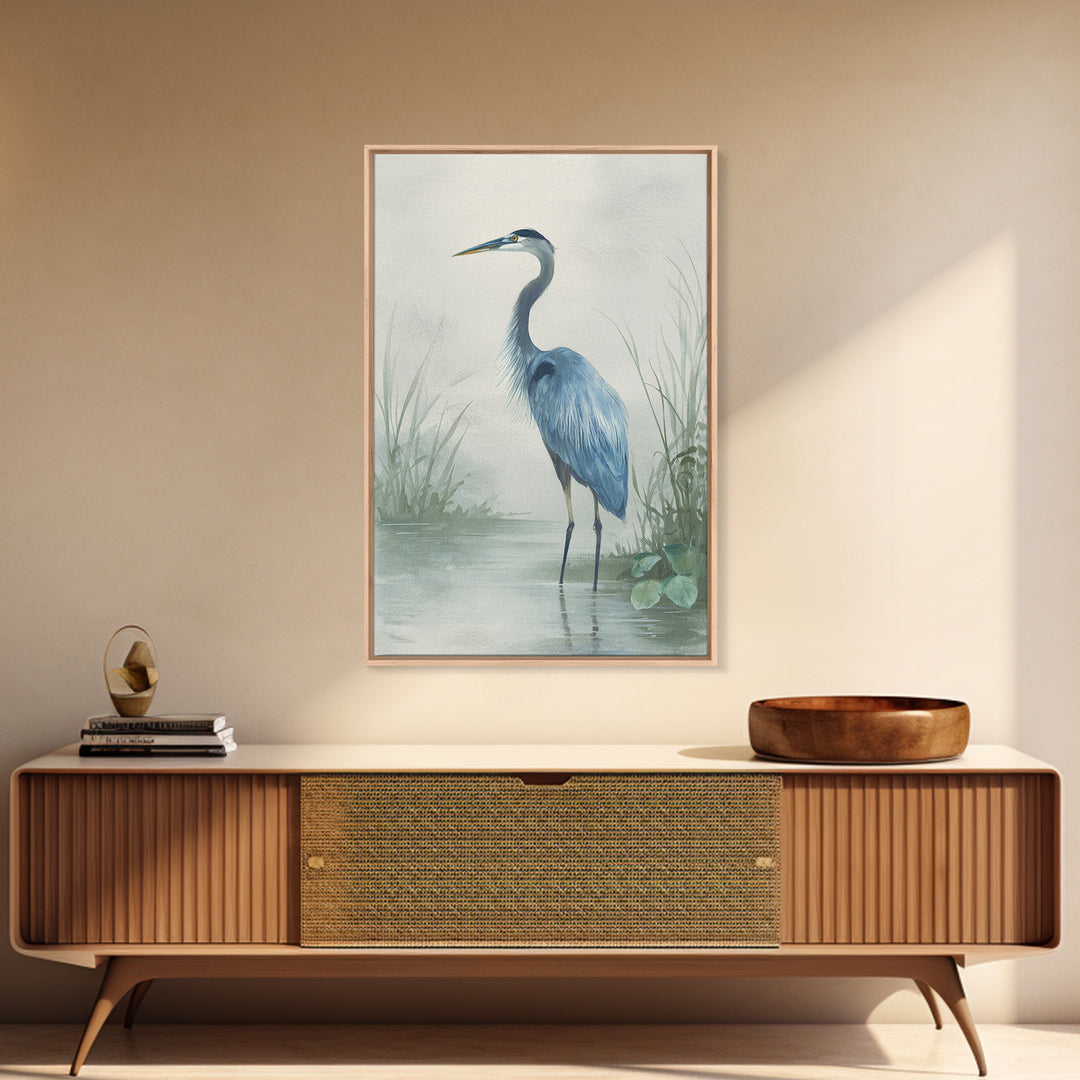 Blue Heron Standing Framed Canvas Print, Medical Office Art, Textured Painting, Office Decor, Fine Art, Calm, Minimalist Art, MOA-2x3-46