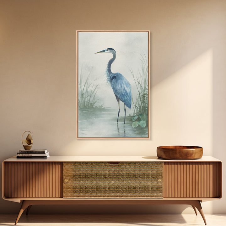 Blue Heron Standing Framed Canvas Print, Medical Office Art, Textured Painting, Office Decor, Fine Art, Calm, Minimalist Art, MOA-2x3-46