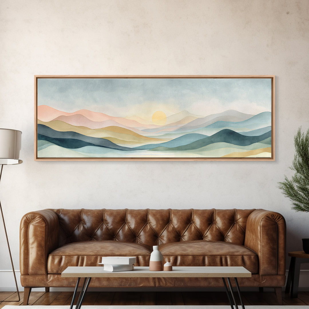 Minimal Sunrise over Rounded Hills Framed Canvas Print, Medical Office Art, Science Art, Office Decor, Fine Art, Calm, MOA-3x1-15