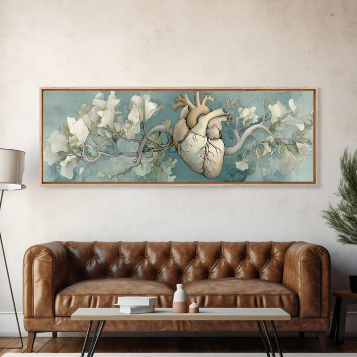 Anatomical Heart Rendered as Tasteful Botanical Art Canvas Print, Medical Office Art, Minimalist Art, Office Decor, Calm, MOA-3x1-5