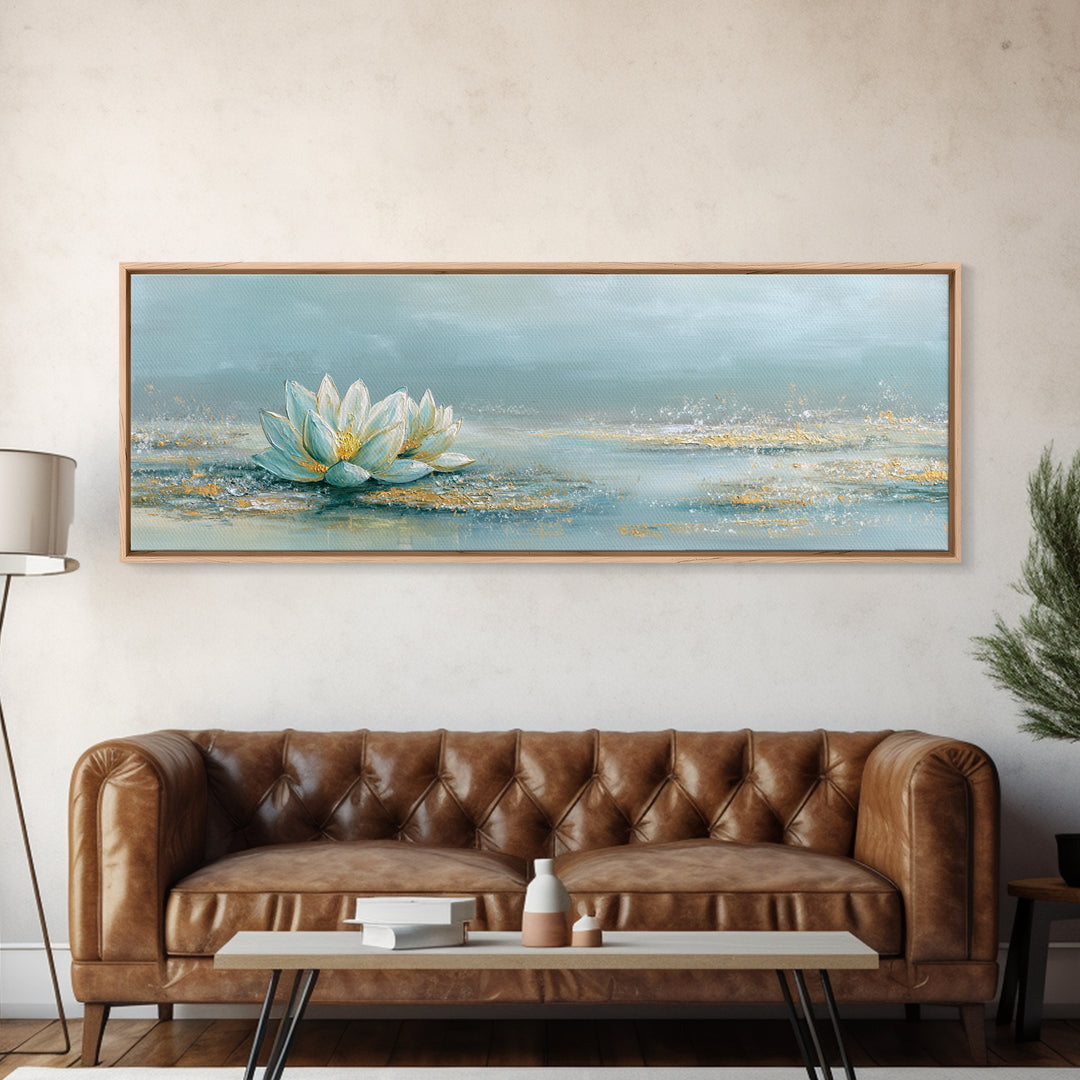 Lotus Flower Floating on Still Water Framed Canvas Print, Medical Office Art, Office Decor, Oil Painting, Calm, MOA-3x1-51