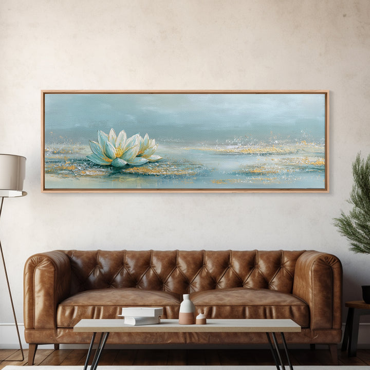 Lotus Flower Floating on Still Water Framed Canvas Print, Medical Office Art, Office Decor, Oil Painting, Calm, MOA-3x1-51
