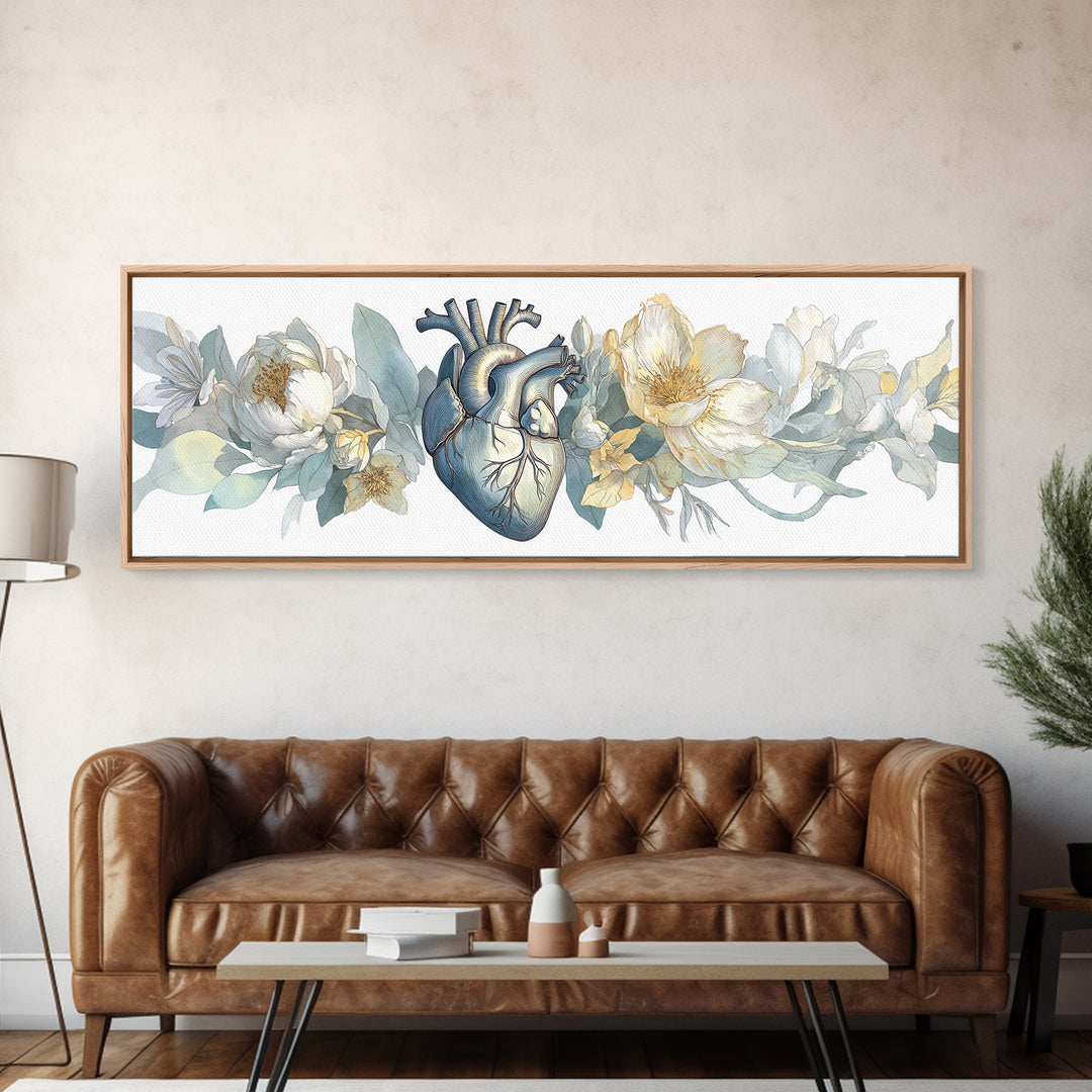 Anatomical Heart Rendered as Tasteful Botanical Art Canvas Print, Medical Office Art, Anatomy Poster, Office Decor, Calm, MOA-3x1-53