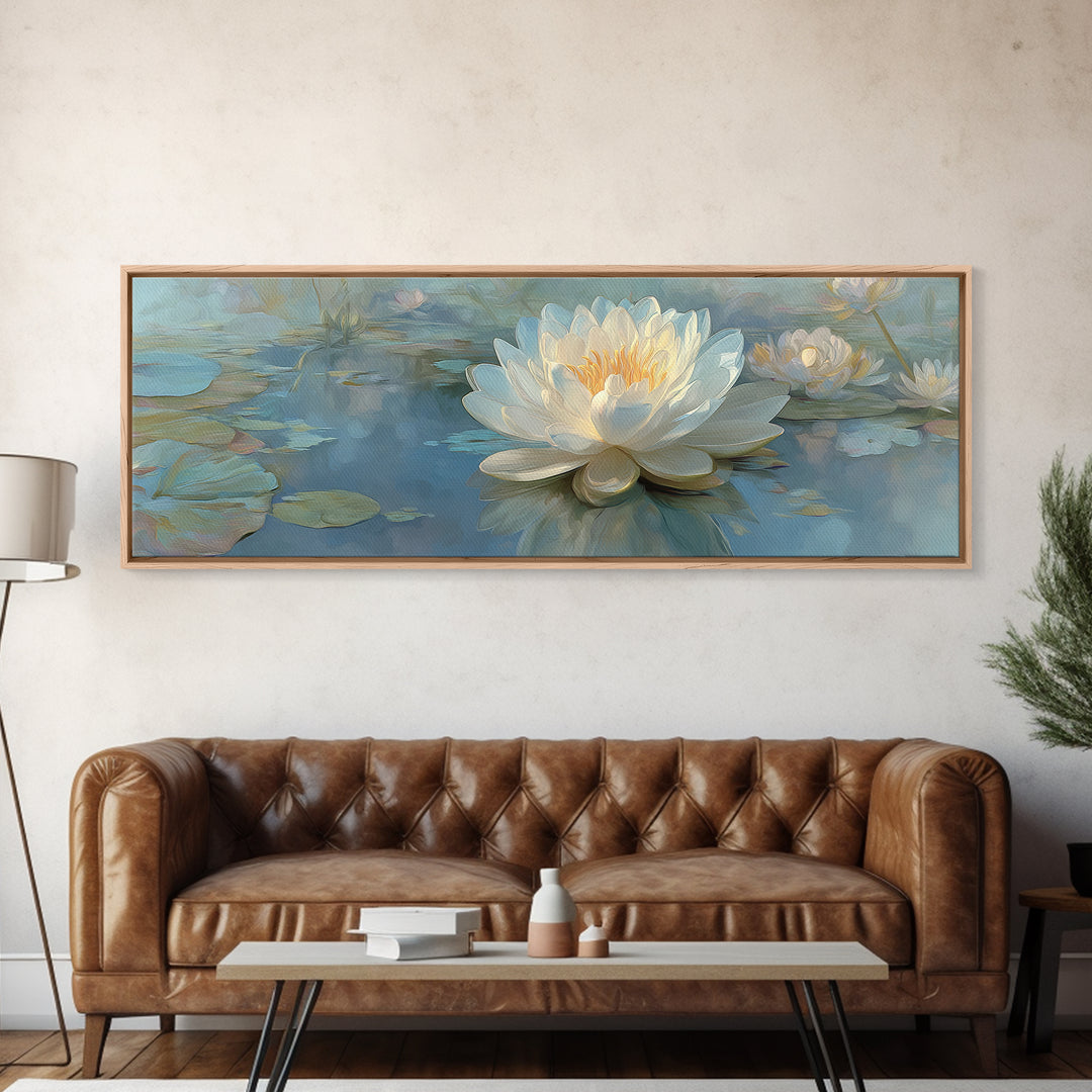 Lotus Flower Floating on Still Water Canvas Print, Medical Office Art, Teal Wall Art, Office Decor, Watercolor Art, Calm, MOA-3x1-75