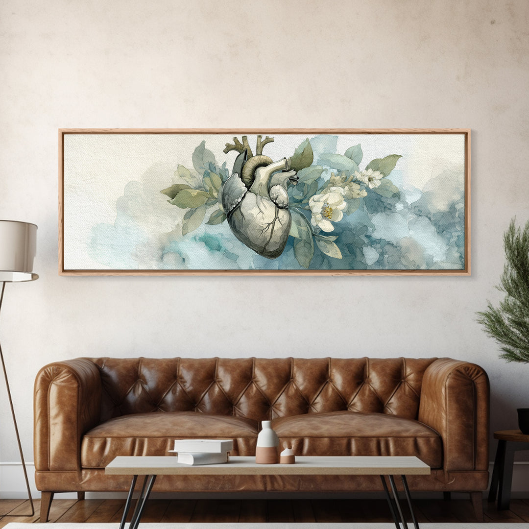 Anatomical Heart Rendered as Tasteful Botanical Art Canvas Print, Medical Office Art, Anatomy Poster, Office Decor, Calm, MOA-3x1-77