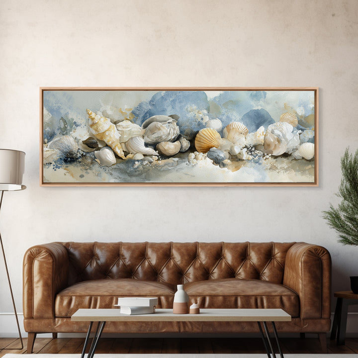 Coastal Shells and Water Study Framed Canvas Print, Medical Office Art, Digital Art, Office Decor, Calm, Medical Decor, MOA-3x1-84